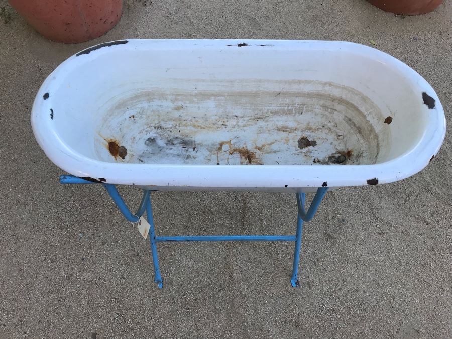 Antique Enamel Baby Bath With Metal Stand Made In Hungary Use As Planter [Photo 4]