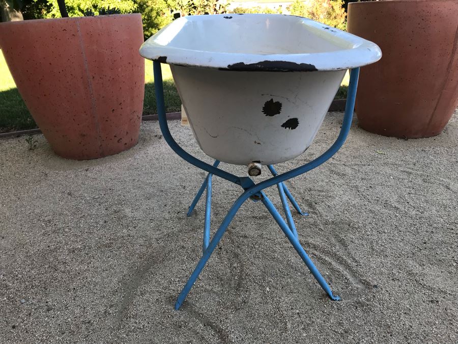 Antique Enamel Baby Bath With Metal Stand Made In Hungary Use As Planter [Photo 10]