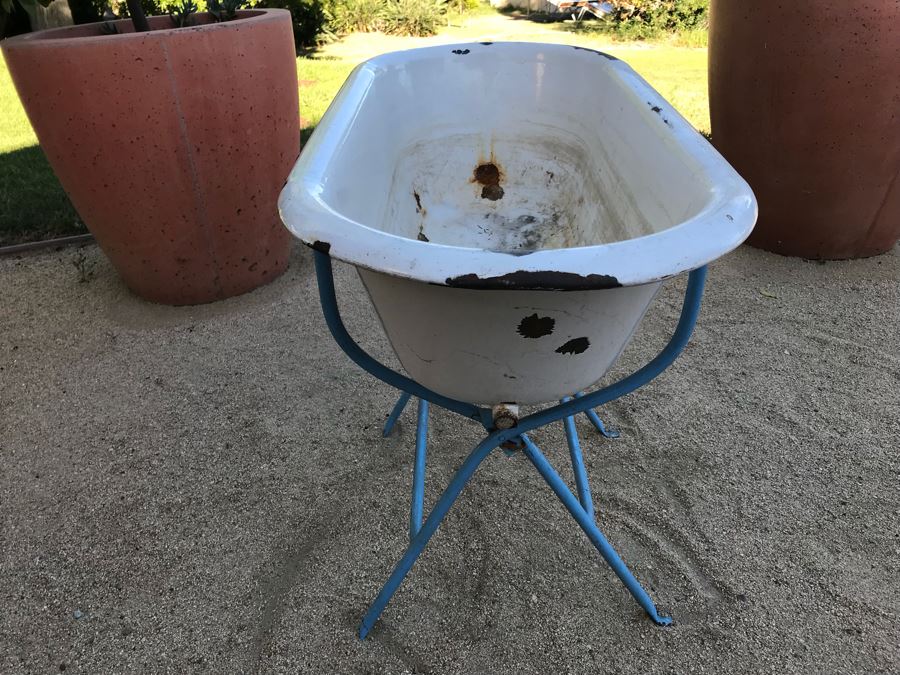 Antique Enamel Baby Bath With Metal Stand Made In Hungary Use As Planter [Photo 11]