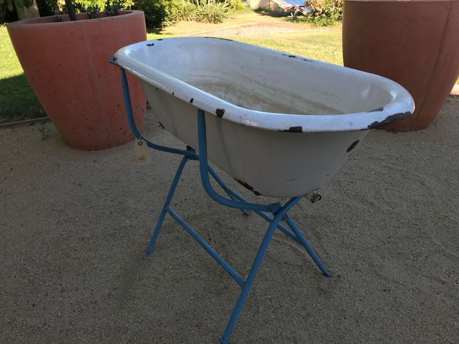 Antique Enamel Baby Bath With Metal Stand Made In Hungary Use As Planter [Photo 9]