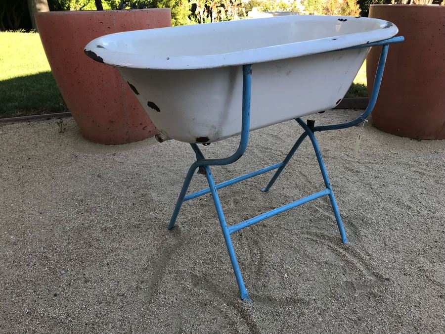Antique Enamel Baby Bath With Metal Stand Made In Hungary Use As Planter [Photo 12]