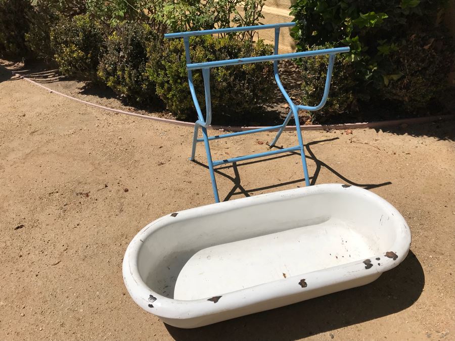 Antique Enamel Baby Bath With Metal Stand Made In Hungary Use As Planter [Photo 9]