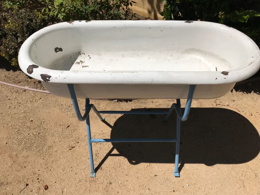 Antique Enamel Baby Bath With Metal Stand Made In Hungary Use As Planter [Photo 4]