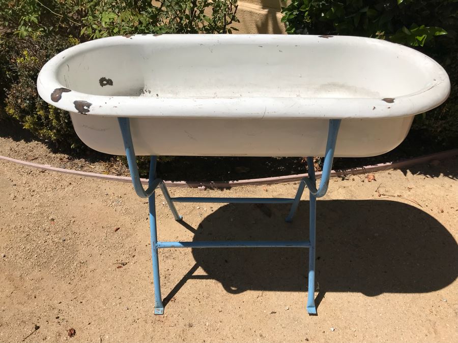 Antique Enamel Baby Bath With Metal Stand Made In Hungary Use As Planter [Photo 1]