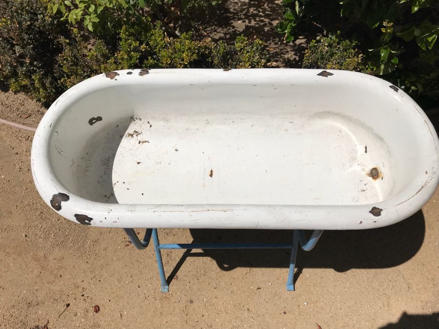 Antique Enamel Baby Bath With Metal Stand Made In Hungary Use As Planter [Photo 5]