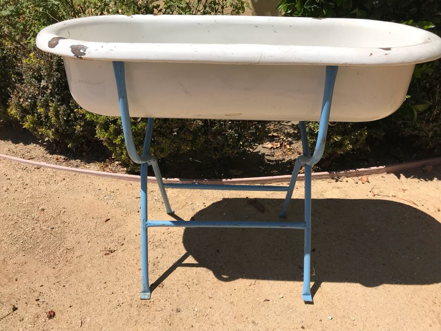 Antique Enamel Baby Bath With Metal Stand Made In Hungary Use As Planter [Photo 3]