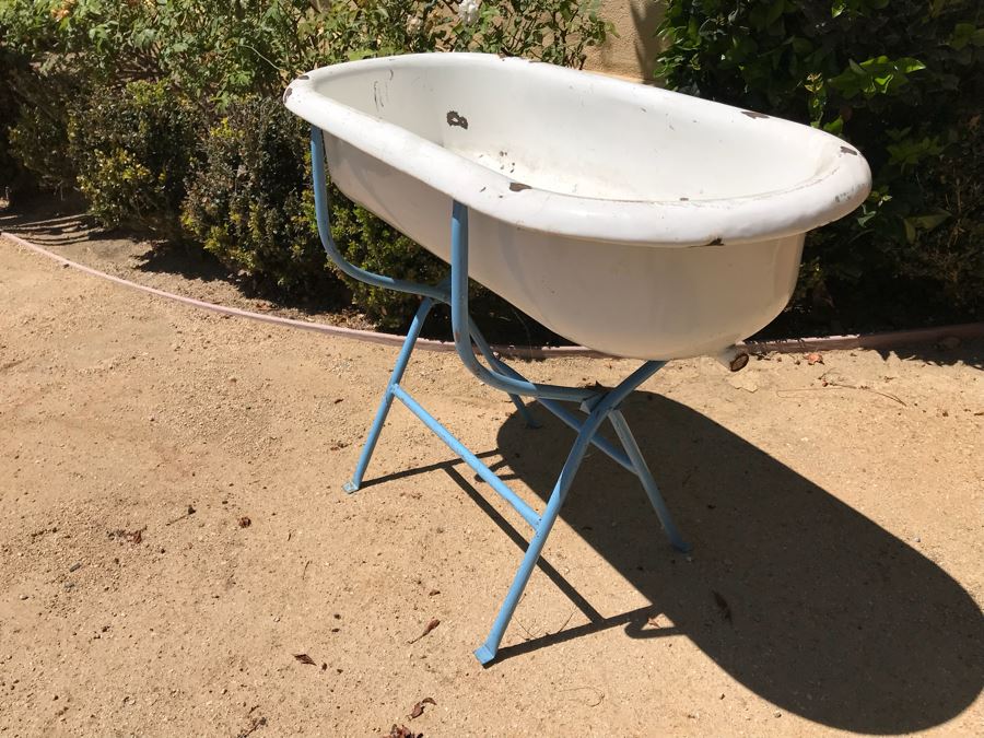 Antique Enamel Baby Bath With Metal Stand Made In Hungary Use As Planter [Photo 6]
