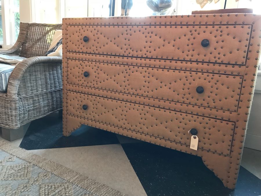 Designer Burlap And Brass Nailhead Designed 3-Drawer Chest Of Drawers Dresser [Photo 4]