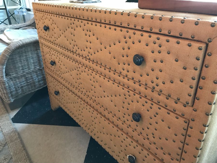 Designer Burlap And Brass Nailhead Designed 3-Drawer Chest Of Drawers Dresser [Photo 5]