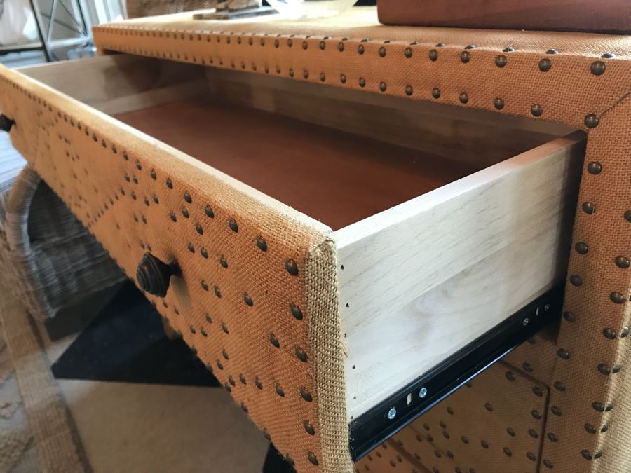 Designer Burlap And Brass Nailhead Designed 3-Drawer Chest Of Drawers Dresser [Photo 7]