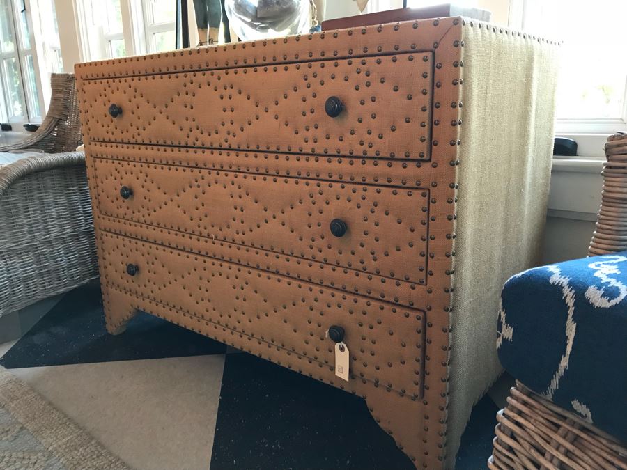 Designer Burlap And Brass Nailhead Designed 3-Drawer Chest Of Drawers Dresser [Photo 2]