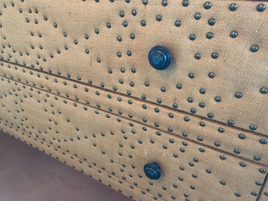 Designer Burlap And Brass Nailhead Designed 3-Drawer Chest Of Drawers Dresser [Photo 8]