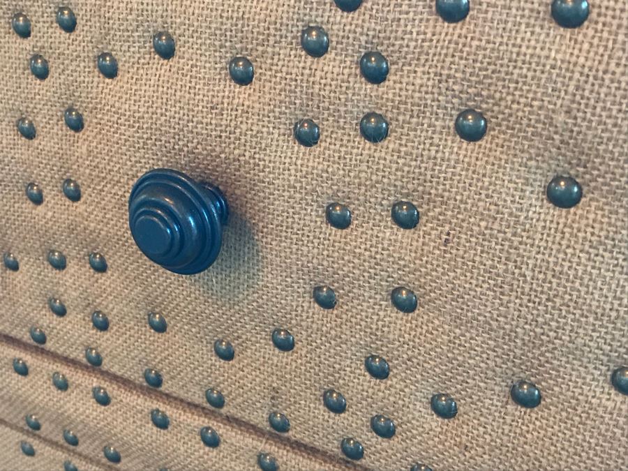 Designer Burlap And Brass Nailhead Designed 3-Drawer Chest Of Drawers Dresser [Photo 9]