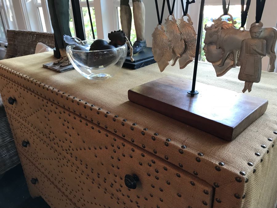 Designer Burlap And Brass Nailhead Designed 3-Drawer Chest Of Drawers Dresser [Photo 6]