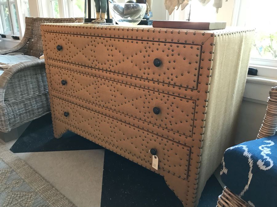 Designer Burlap And Brass Nailhead Designed 3-Drawer Chest Of Drawers Dresser [Photo 3]