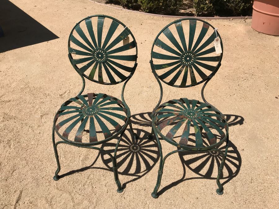 Pair Of Vintage Green Painted Metal Garden Chairs Floral Motif [Photo 2]