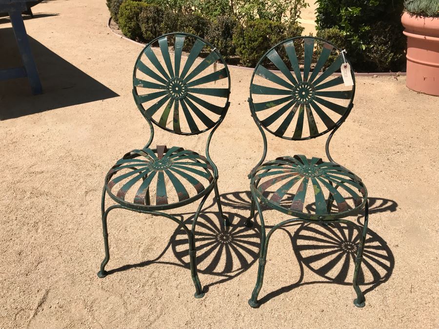 Pair Of Vintage Green Painted Metal Garden Chairs Floral Motif [Photo 1]