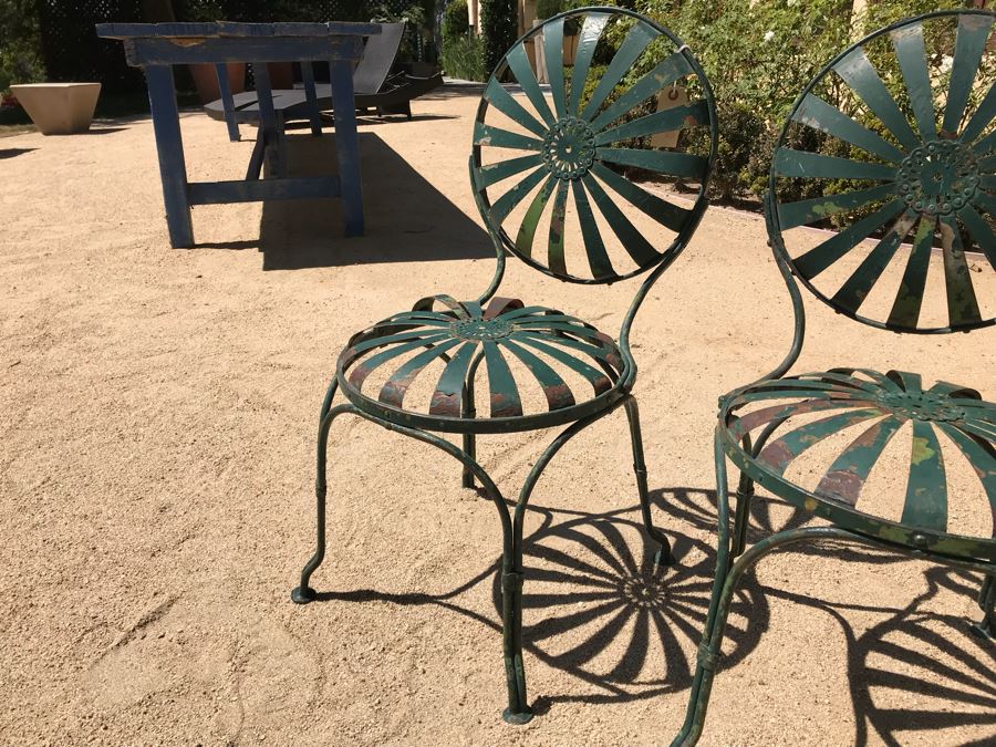 Pair Of Vintage Green Painted Metal Garden Chairs Floral Motif [Photo 10]