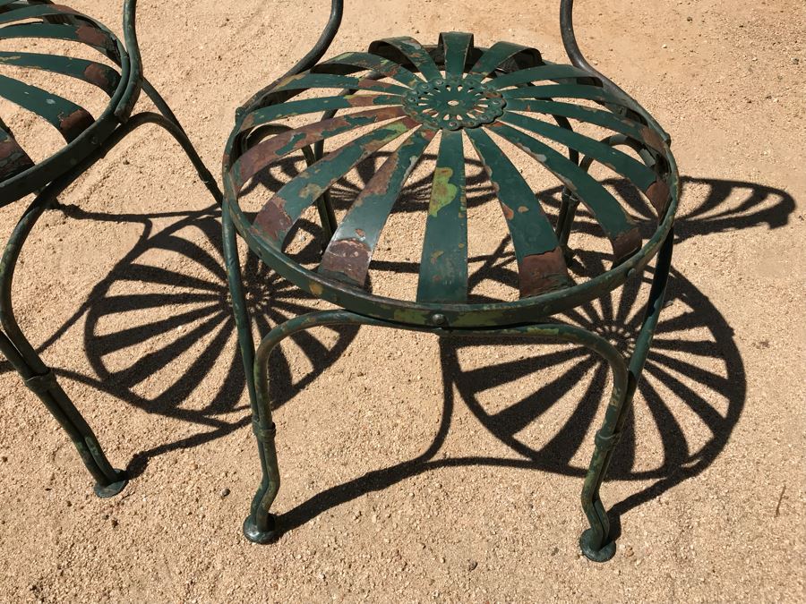 Pair Of Vintage Green Painted Metal Garden Chairs Floral Motif [Photo 4]