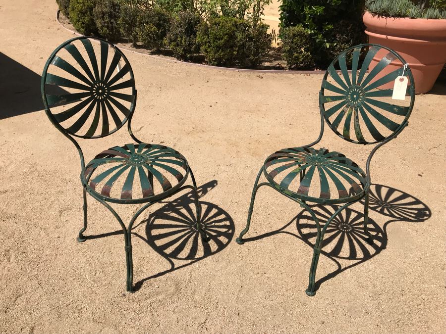 Pair Of Vintage Green Painted Metal Garden Chairs Floral Motif [Photo 11]