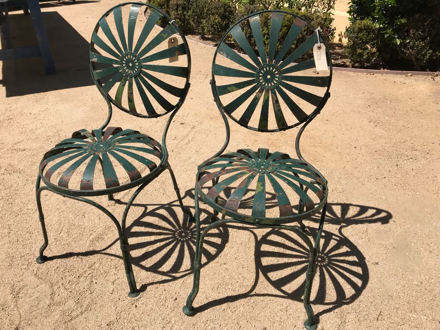 Pair Of Vintage Green Painted Metal Garden Chairs Floral Motif [Photo 3]