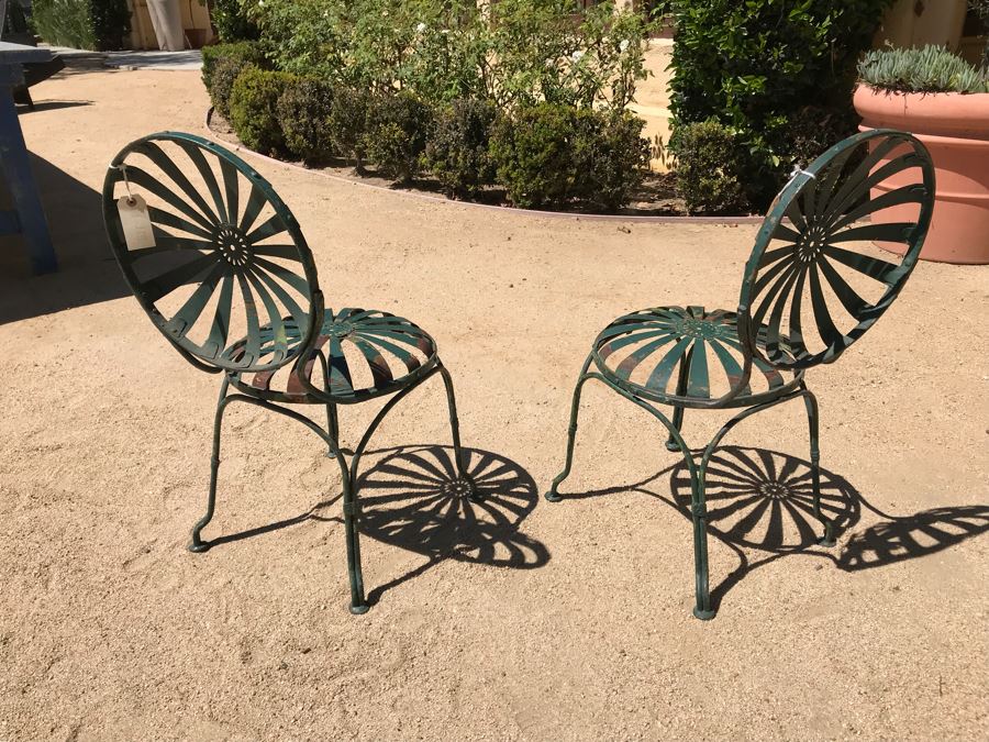 Pair Of Vintage Green Painted Metal Garden Chairs Floral Motif [Photo 12]