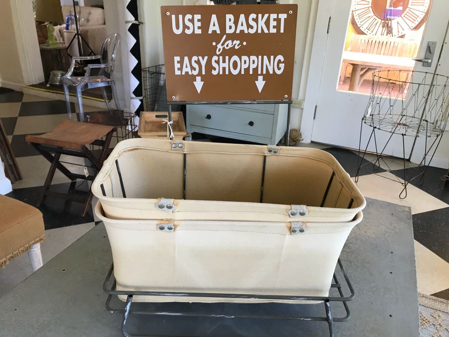 Retro Store Use A Basket For Easy Shoping Display Rack And (2) Canvas And Metal Shopping Baskets [Photo 1]