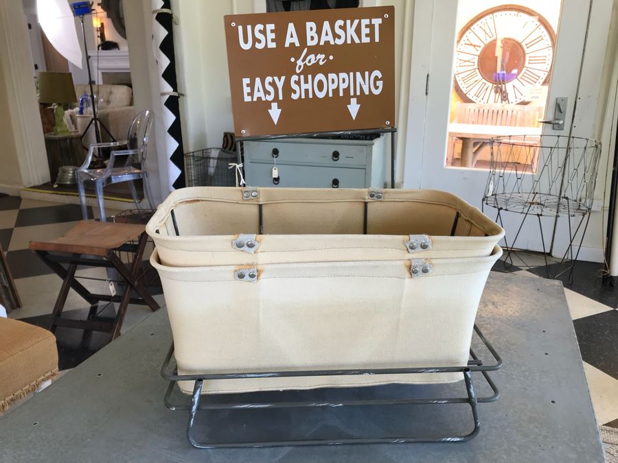 Retro Store Use A Basket For Easy Shoping Display Rack And (2) Canvas And Metal Shopping Baskets [Photo 2]