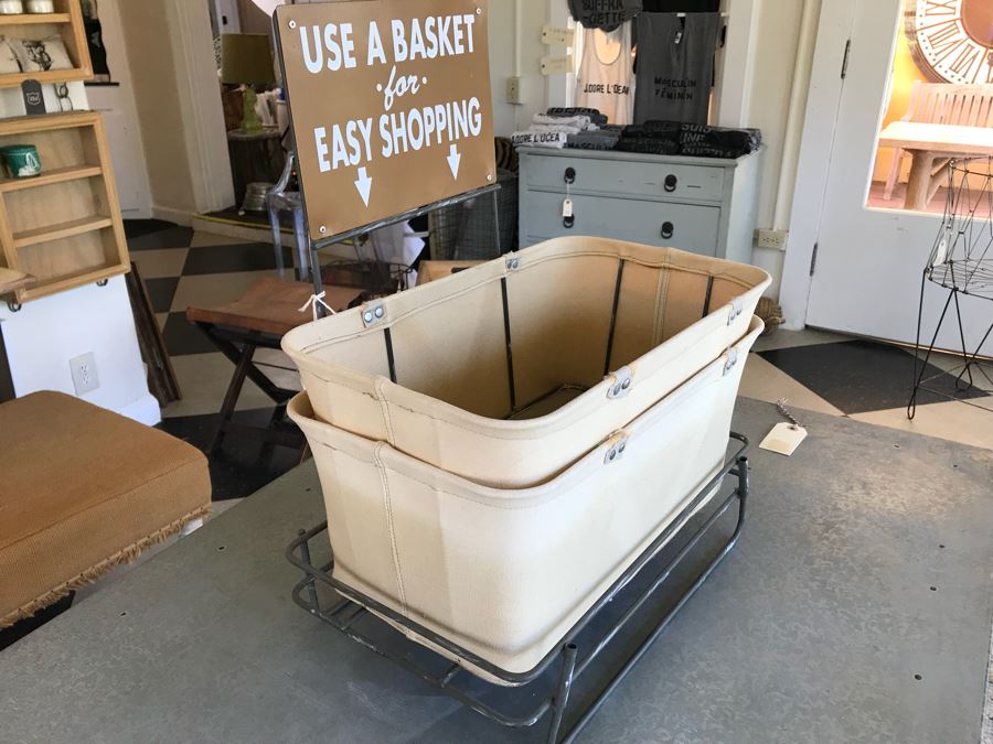 Retro Store Use A Basket For Easy Shoping Display Rack And (2) Canvas And Metal Shopping Baskets [Photo 8]