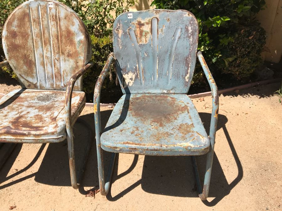 Set Of (3) Vintage Painted Metal Motel Chairs - Use As Planters [Photo 4]