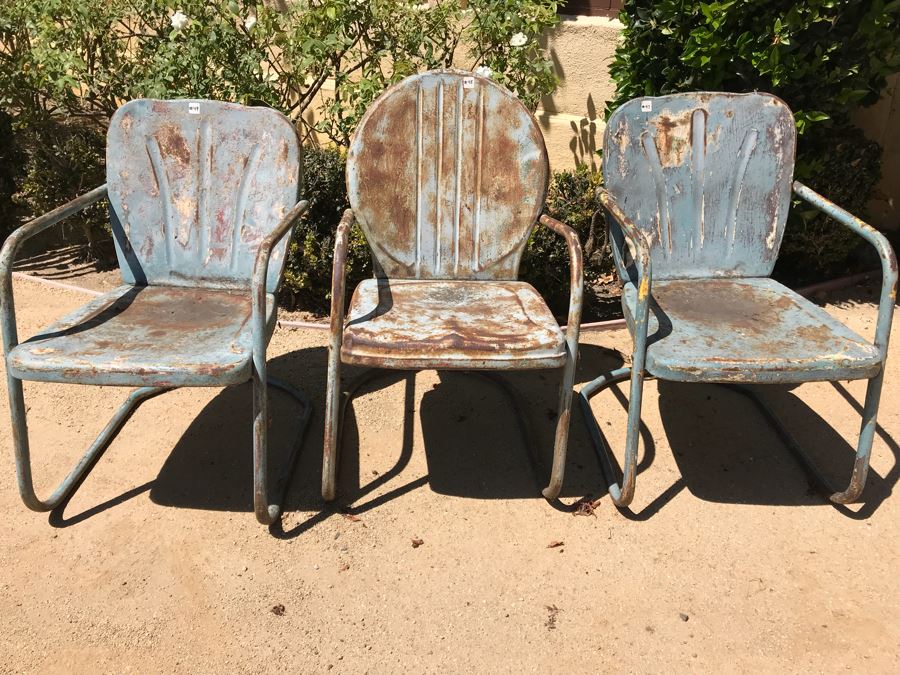 Set Of (3) Vintage Painted Metal Motel Chairs - Use As Planters [Photo 1]