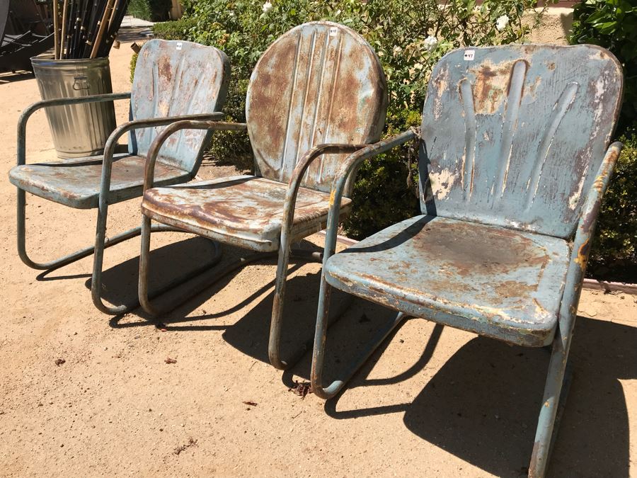 Set Of (3) Vintage Painted Metal Motel Chairs - Use As Planters [Photo 6]