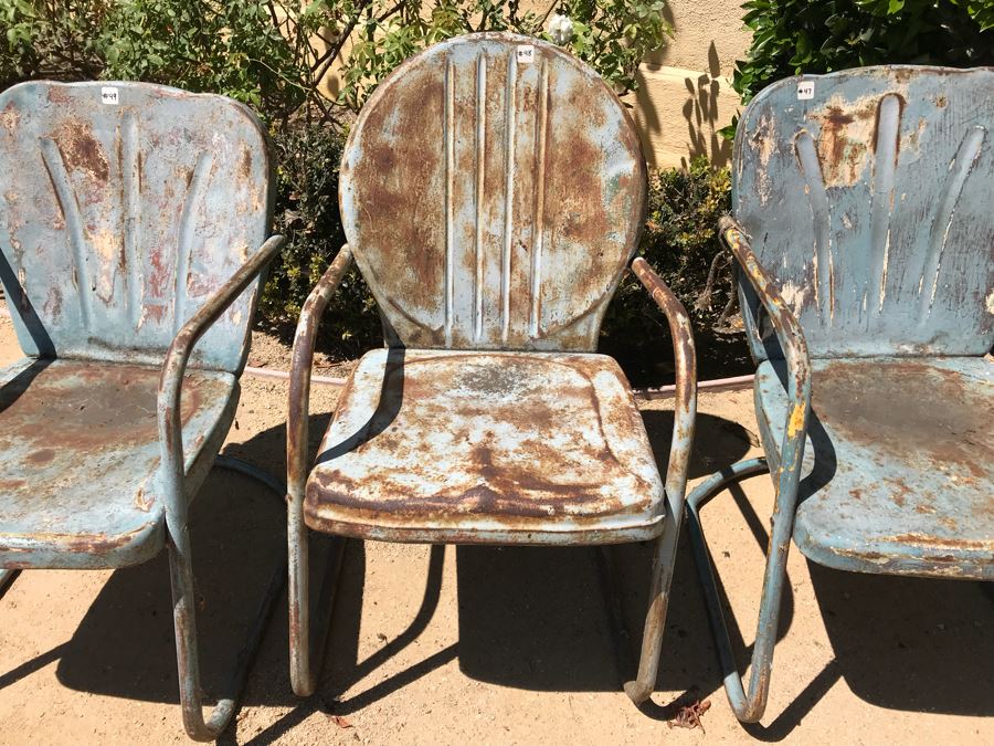 Set Of (3) Vintage Painted Metal Motel Chairs Use As Planters