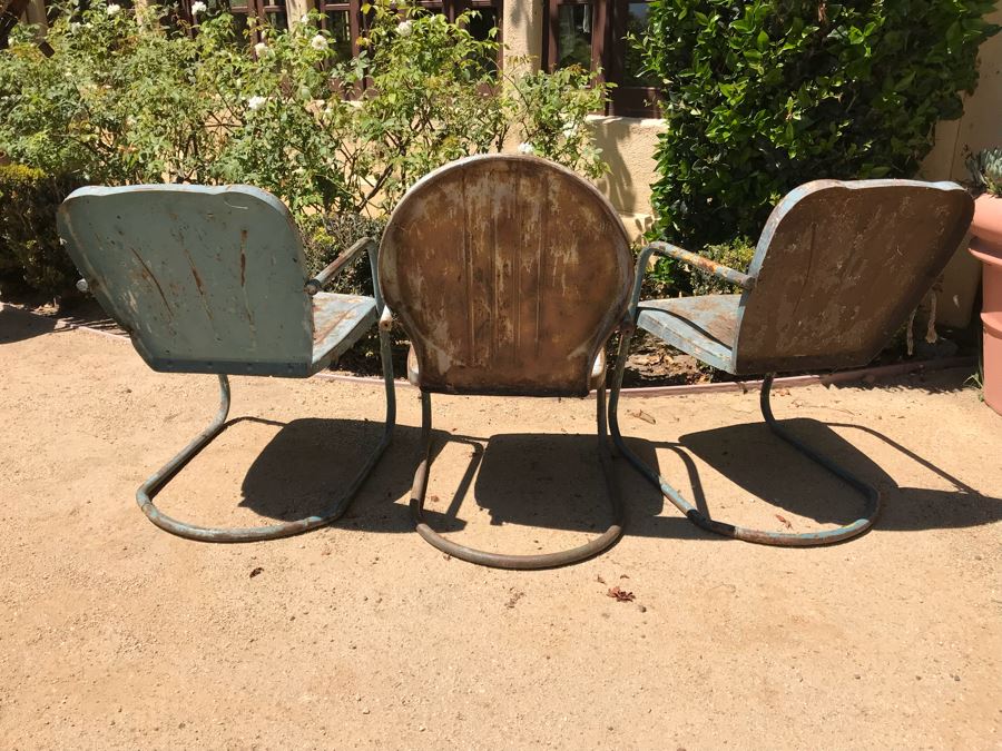 Set Of 3 Vintage Painted Metal Motel Chairs Use As Planters