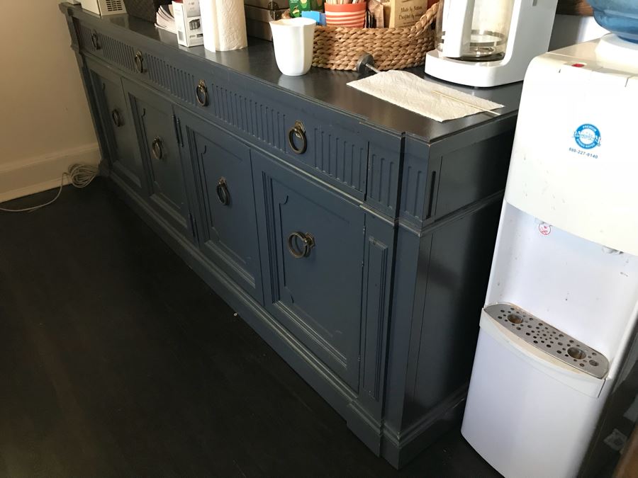 Painted Blue Wooden Buffet Credenza With Silver Storage Drawer 78'W X 20'D X 31'H [Photo 4]