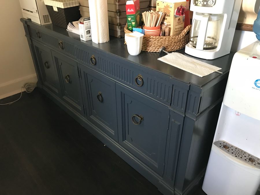 Painted Blue Wooden Buffet Credenza With Silver Storage Drawer 78'W X 20'D X 31'H [Photo 5]