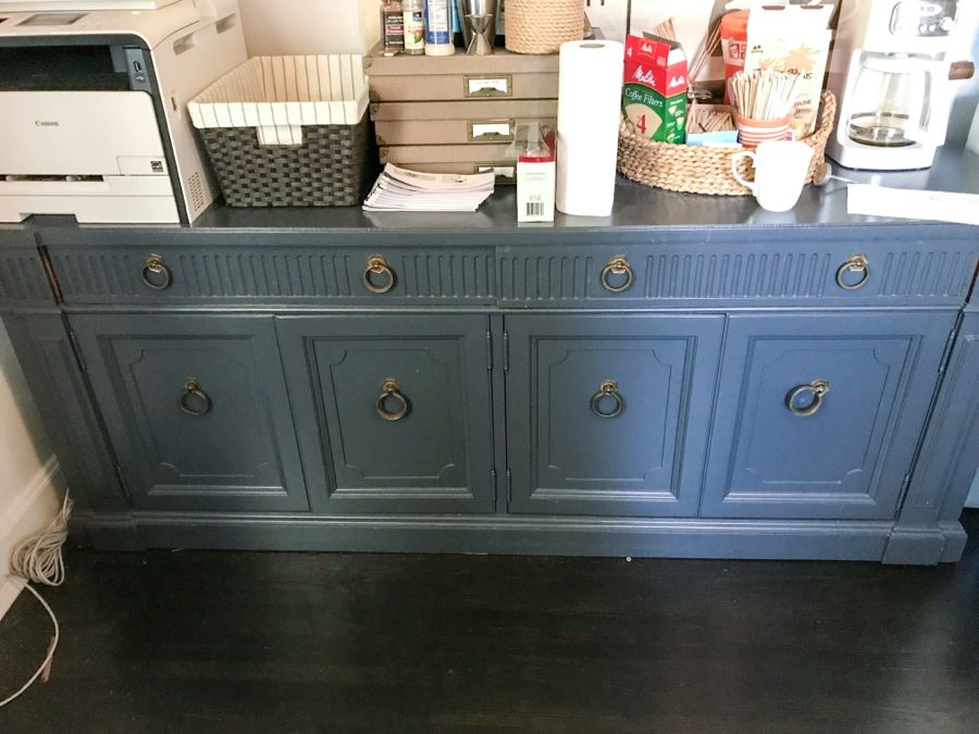 Painted Blue Wooden Buffet Credenza With Silver Storage Drawer 78'W X 20'D X 31'H [Photo 1]