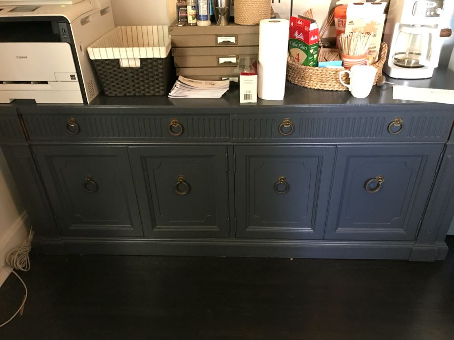 Painted Blue Wooden Buffet Credenza With Silver Storage Drawer 78'W X 20'D X 31'H [Photo 2]