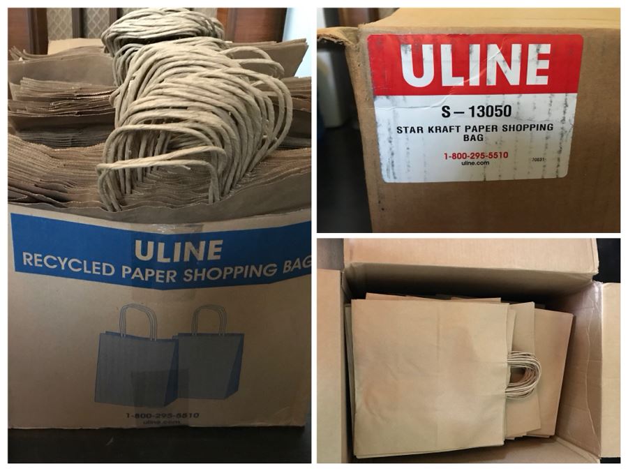 (2) Boxes Filled With ULINE Paper Shopping Bags