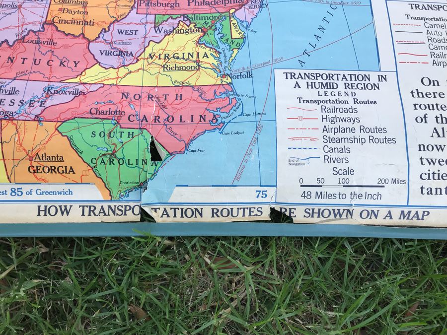 Vintage School Pull Down Map How Transportation Routes Are Shown On Map A.J. Nystrom & Co Zoe A. Thralls Has Some Tears [Photo 6]
