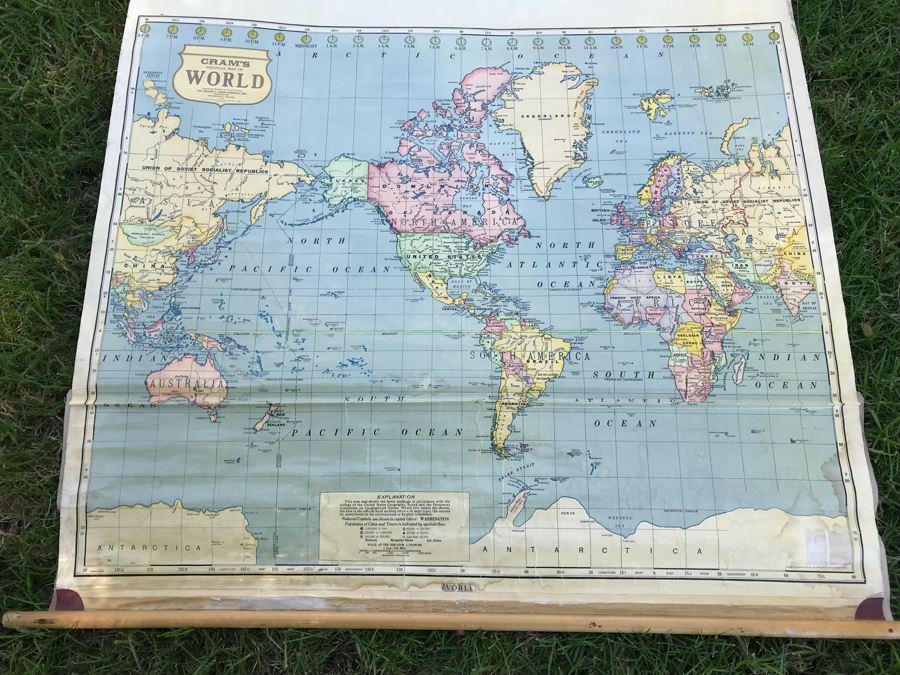 Vintage School Pull Down Map CRAM's Political Map Of World [Photo 2]