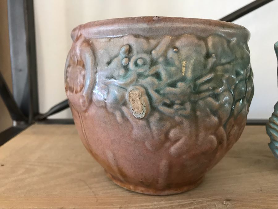 Pair Of Glazed Pottery 1973 Cache Pot And Signed Teal Pottery [Photo 4]