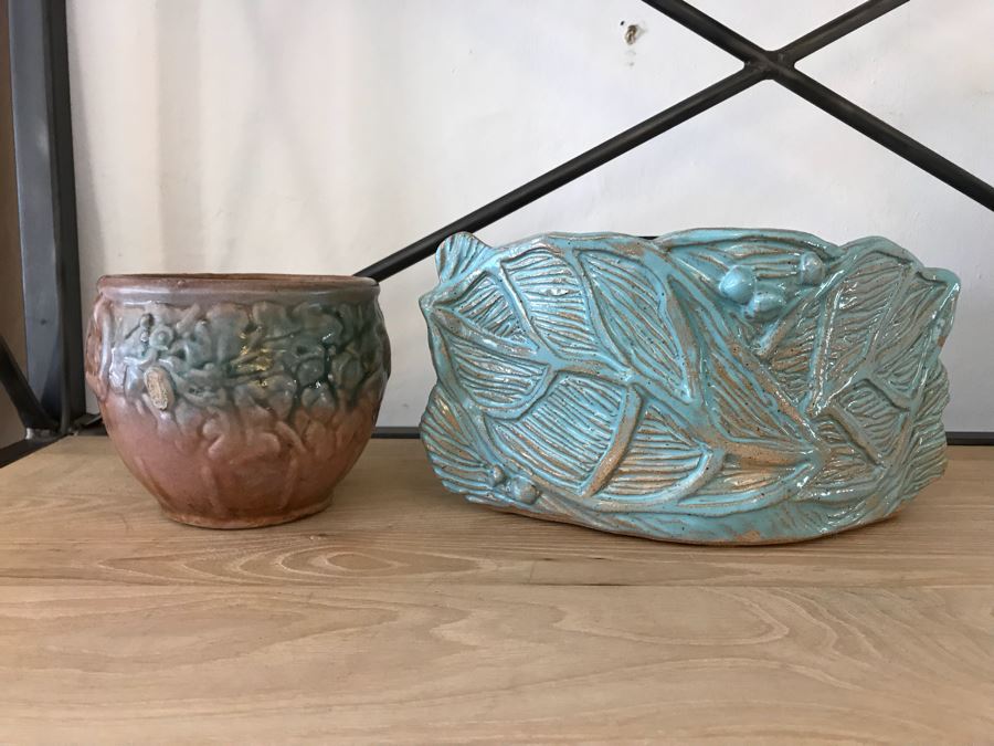 Pair Of Glazed Pottery 1973 Cache Pot And Signed Teal Pottery