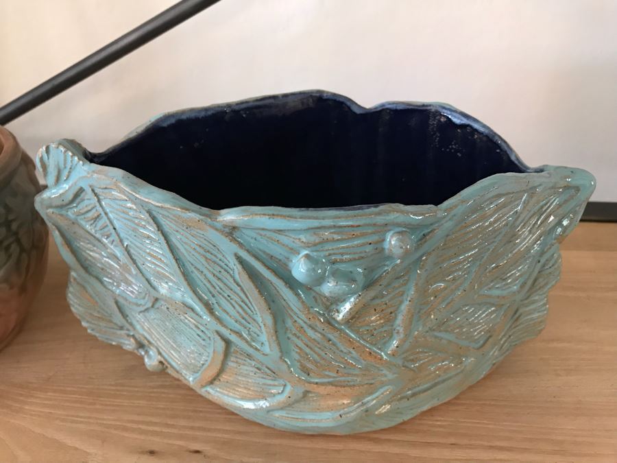 Pair Of Glazed Pottery 1973 Cache Pot And Signed Teal Pottery [Photo 3]
