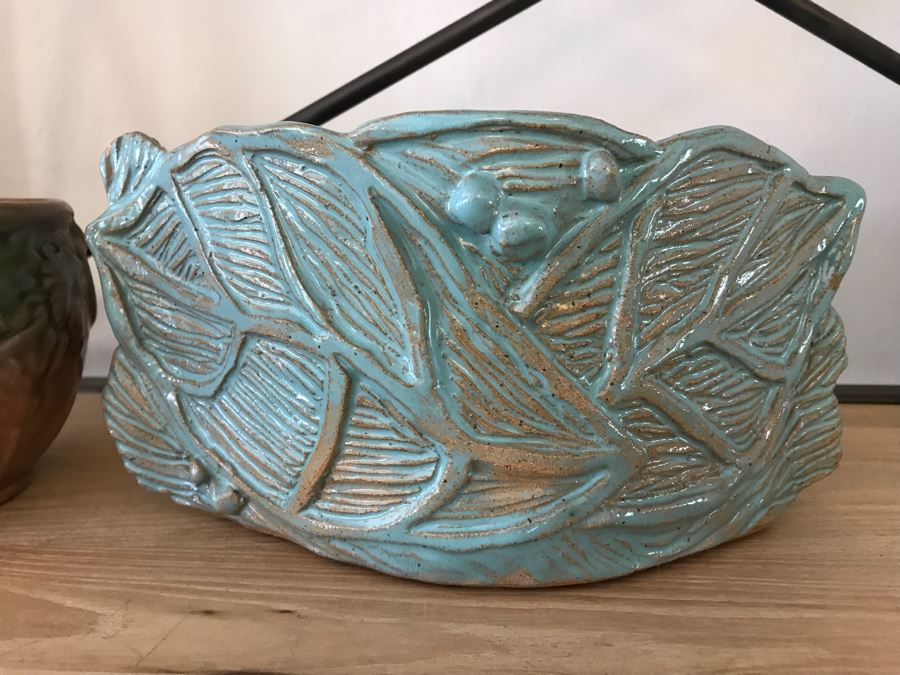 Pair Of Glazed Pottery 1973 Cache Pot And Signed Teal Pottery [Photo 2]