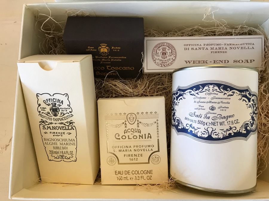 Santa Maria Novella Firenze Gift Box With Cologne, Bubble Bath, Bath Salts, Week-End Soap And Tabacco Toscano Soap Retails Over $300 [Photo 2]