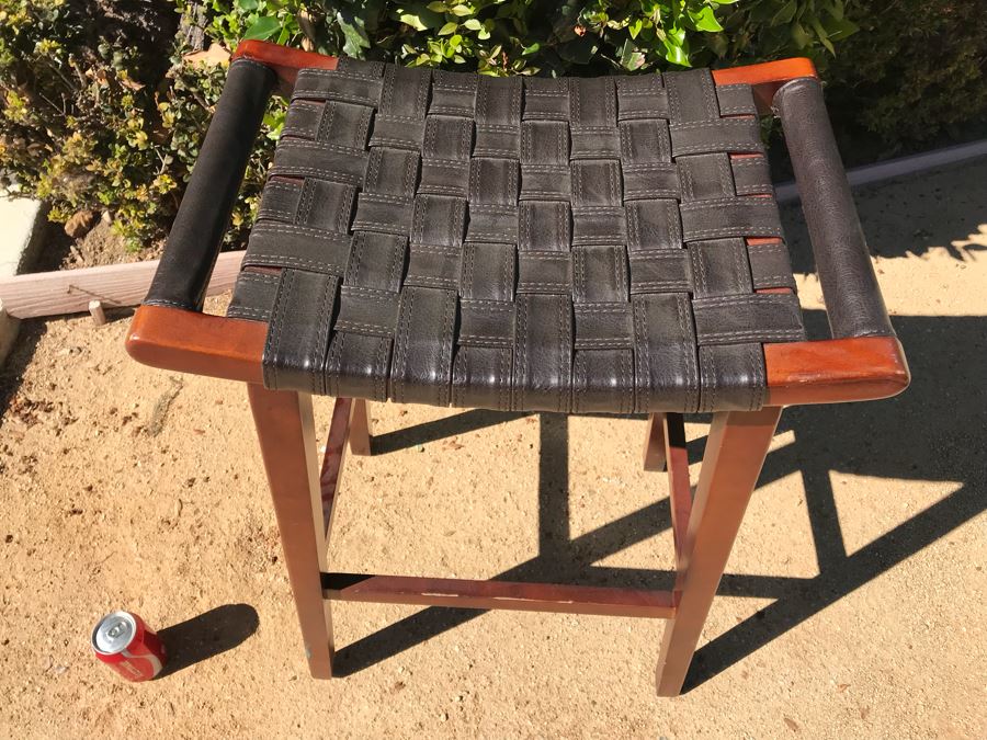 Wood And Woven Leather Stool [Photo 2]