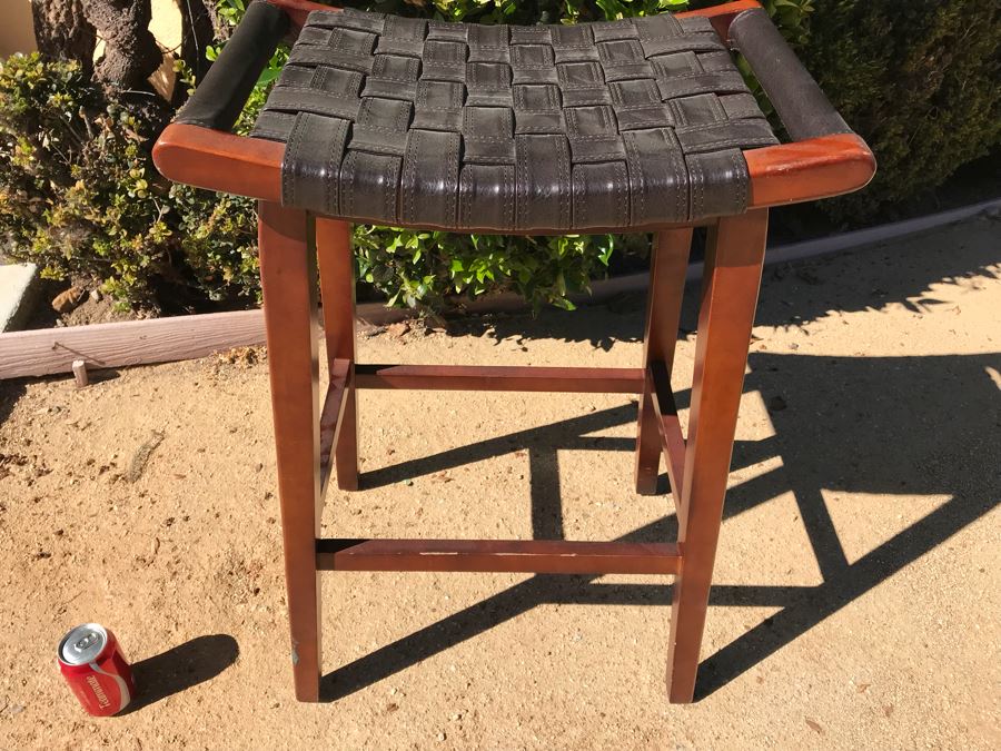 Wood And Woven Leather Stool [Photo 3]
