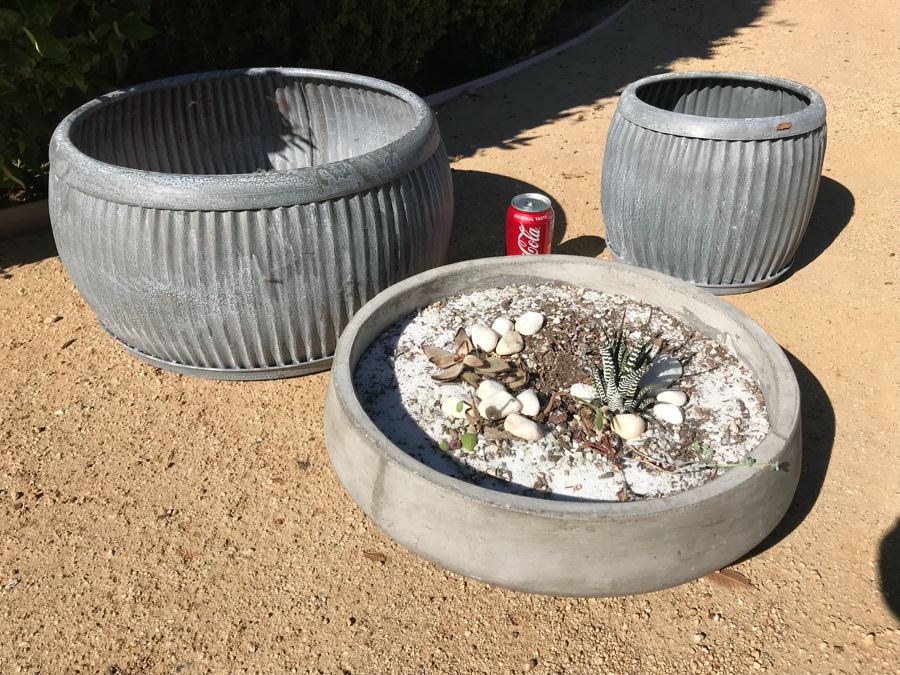 Pair Of Galvanized Metal Planters / Tables And Concrete Plater With Succulents [Photo 2]