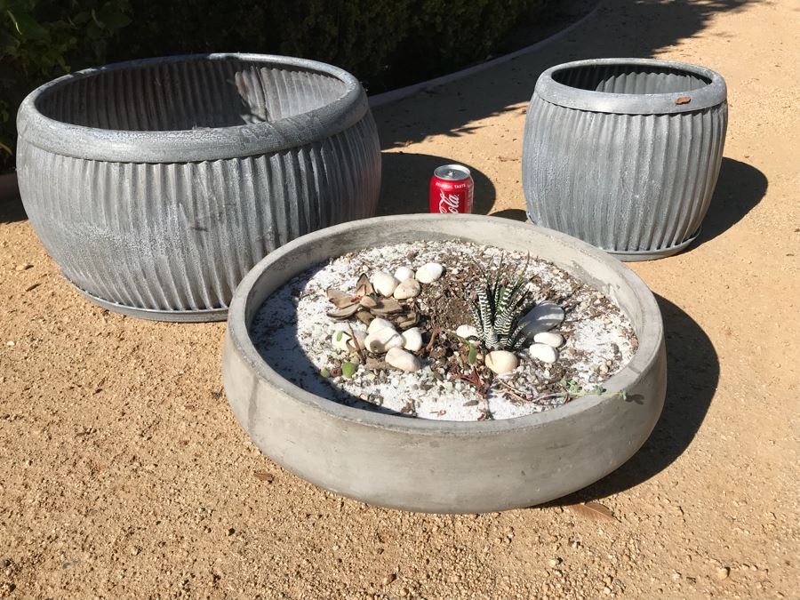 Pair Of Galvanized Metal Planters / Tables And Concrete Plater With Succulents [Photo 1]
